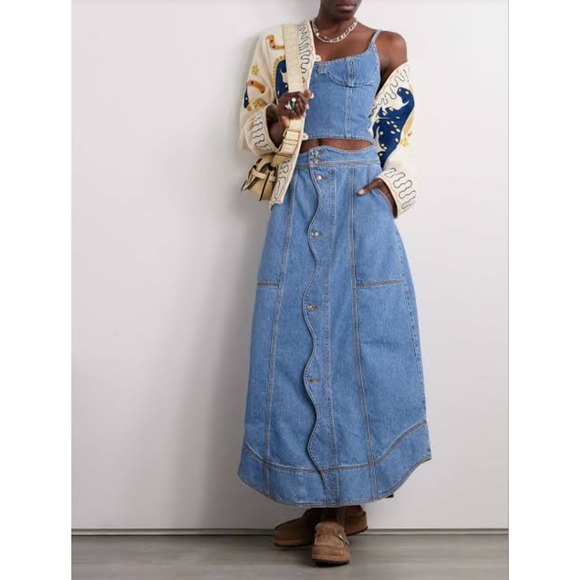 FARM Rio Dresses & Skirts - New Farm Rio Skirt 32 Denim Maxi Wave Light Wash Scalloped Button Front Artsy
